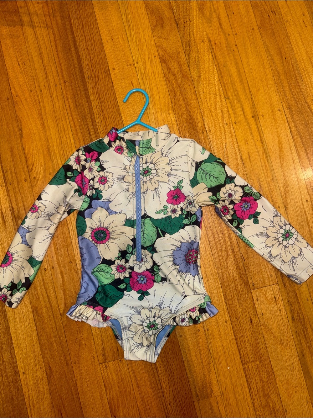 GAP Girls Floral Long-Sleeve One-Piece Swimsuit in White, Green, Pink, Blue